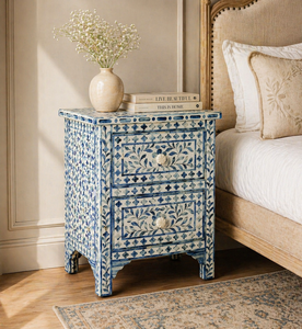 Handmade Solid Wood Blue Bone Inlay 2-<b>Drawer</b> <b>Side</b> Table & Nightstand-Storage Space Saving Entryway Bedroom Living Room Furniture - Product Image 3
