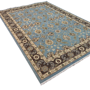Alfombra Schumack de Lana Anudada a Mano, Estilo Sultanabad, 9x12, Azul Cielo y Marrón Chocolate, Diseño Floral Tradicional - Product Image 2