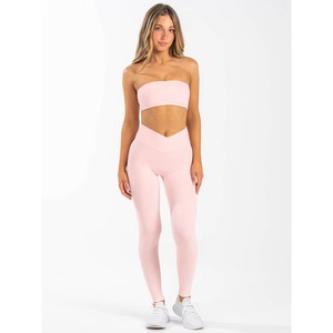 Unique Design OEM Women's Solid Washed Pink Musk Cross Waist <b>Band</b> 2-Piece Fitness Leggings Bra Set Breathable Yoga <b>Workout</b> - Product Image 6