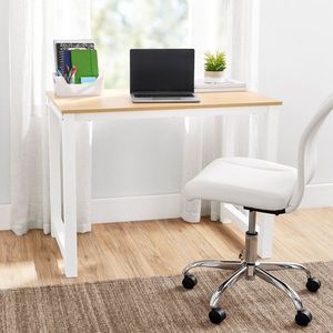 Scrivania per Computer 40 Pollici in Legno e Metallo, Tavolo da Scrittura in Teak Naturale con Struttura Bianca - Product Image 2