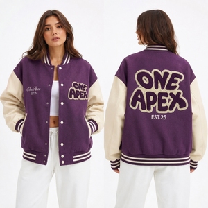 Veste de baseball personnalisée violette pour femme et homme avec manches en cuir crème, broderie streetwear - Product Image 1