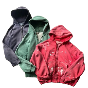 Sweat-shirt à capuche zippé oversize pour homme, effet usé, couleur unie, en coton French Terry, décontracté, pour l'automne, rouge, vert, bleu marine - Product Image 1