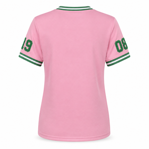 Custom Women's Sorority T Shirt <b>Pink</b> Green Cotton V Neck Ringer Chenille Patch Contrast Trim Greek Apparel Wholesale <b>Plus</b> <b>Size</b> - Product Image 5