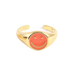 Bague avec un smiley souriant, bijou pour le visage, support en or véritable 14k, émail jaune, perle en acier inoxydable, 2021 - Product Image 5