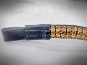 Bandeau de tête de cheval de luxe en cuir italien, 5 rangées de cristaux dorés et blancs, accessoire d'équitation haut de gamme - Product Image 2