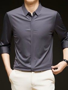 Camisa de Vestir Satinada para Hombre, Corte Entallado, Manga Larga, Cuello Clásico, Color Sólido, Antiarrugas, Estilo Casual Elegante - Product Image 2