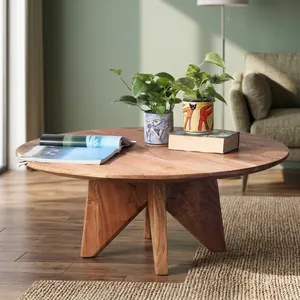 Mesa de Centro Redonda de Madera de Acacia Sólida, Muebles Rústicos Hechos a Mano para Sala de Estar, Entrada, Decoración de Casa de Campo - Product Image 5