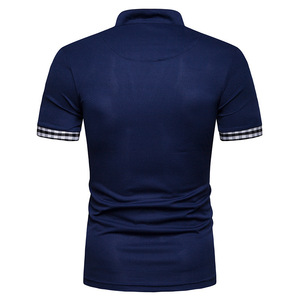Chemise pour homme bleu foncé à manches courtes, tissée, avec col et poignets à carreaux, style décontracté, coupe classique, 100% polyester respirant - Product Image 4