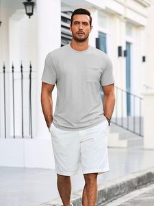 T-shirt gris à manches courtes pour homme, col rond, coupe classique, en jersey de coton, couleur unie, décontracté, avec poche sur le devant - Product Image 3