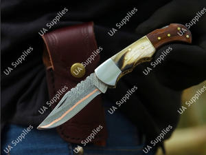 Couteau pliant de haute qualité en acier Damas cuivré, lame pointe clip, manche ergonomique en corne de cerf et bois de rose, pour la chasse, le camping et l'EDC en extérieur - Product Image 6