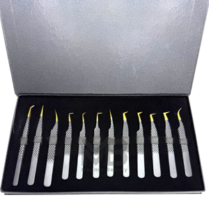 Precision Stainless Steel Eyelash Tweezers <b>Set</b> with Gold Tips Anti-Magnetic & Durable in Black Box Packaging for Lash Artists - Product Image 5