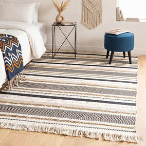 Alfombra Bohemia Tejida a Mano de Algodón con Diseño de Rayas Tribales Azules para Sala de Estar, Dormitorio e Interiores Costeros - Product Image 3
