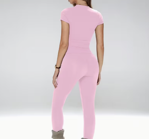 Combinaison de yoga rose sans coutures, col rond, manches courtes, taille haute, longueur intégrale, en coton et élasthanne, extensible dans les quatre sens, ensemble de vêtements de sport - Product Image 2
