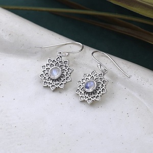 925 Sterling Silver Natural <b>Rainbow</b> Moonstone Lotus Flower Mandala Dangle Earrings Wholesale Women Boho Gemstone Jewelry - Product Image 3