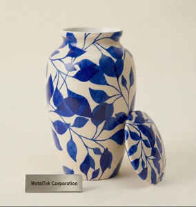 Blue Leaf Cremation Urn Handmade Aluminum Adult Funeral Urns <b>Thread</b> <b>Lock</b> Lid Velvet Base Decorative Memorial Ashes Metal Jars - Product Image 2