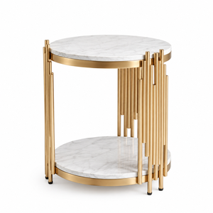 Table d'appoint ronde moderne en marbre avec cadre en métal doré brossé, étagère à deux niveaux pour salon, chambre à coucher, meubles durables - Product Image 5