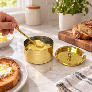Pot à ghee en laiton martelé SHUBHAM avec couvercle et cuillère simples, récipient de service traditionnel doré pour la cuisine et la salle à manger - Product Image 2