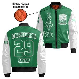 Veste Bomber Personnalisée pour Femme Iota Phi Lambda, Vert Émeraude et Blanc, avec Écusson Lettres Grecques sur le Devant et le Dos, Numéro d'Année, Fermeture Éclair - Product Image 4