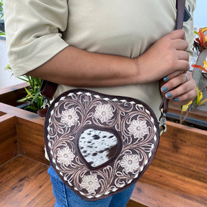 Best Seller Hair on Tooled Leather Heart Shaped Crossbody Bag for Women's Western Genuine Leather Floral Purse Cowhide Handbags - Product Image 3