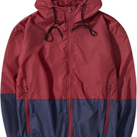 Chaqueta Cortavientos con Capucha para Hombre, Diseño Color Block Rojo y Azul, Cierre Frontal con Cremallera, Ropa Casual para Exteriores, Chaqueta Ligera de Poliéster para Otoño