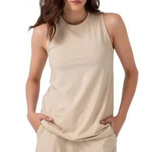 Women's Beige O-Neck Knitted Tank <b>Top</b> Solid Color Breathable Cotton Sleeveless <b>Top</b> Regular Length - Product Image 1