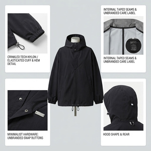 Wholesale <b>Women</b> Oversized Hooded Windproof <b>Fleece</b> Lined Jacket Solid <b>Black</b> 100% Cotton Front Logo Embroidery High Street Autumn - Product Image 4