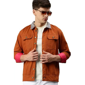 Blouson en jean orange pour homme 2026, coupe droite, fermeture boutonnée, couleur unie, décontracté, automne, coton respirant, surpiqûres apparentes - Product Image 1