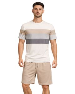 Mens Beige Grey Sports T Shirt And Shorts Set Breathable Quick Dry Gym Wear <b>Athletic</b> Running Training Activewear Outfit Set - Product Image 1