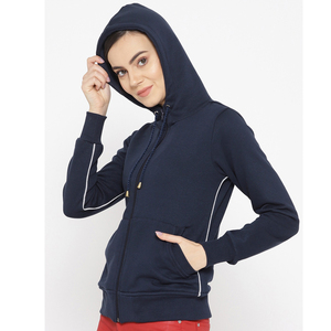 Sudadera con Capucha Azul Marino para Mujer, Cierre de Cremallera, Corte Regular, Tejido de Algodón, Color Sólido, Bolsillos Delanteros, Ropa Casual de Otoño - Product Image 3