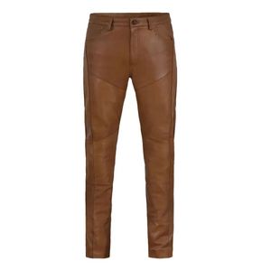 <b>Men's</b> High Waist Brown Leather Straight Leg Pants With Button Fly Moto Biker Style Autumn Wear - Product Image 4