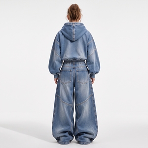 <b>Womens</b> Light <b>Blue</b> Washed Denim Hoodie And Extra Baggy Wide Leg <b>Jeans</b> Set Cropped Streetwear Custom Wholesale Supplier - Product Image 2