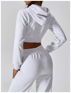 Custom Printed Front Winter <b>Knitted</b> Eco-Friendly Sportswear <b>Women</b> Crop Top Zip Hoodies Sweatpants <b>Jogger</b> Sets Drawstring Hooded - Product Image 6