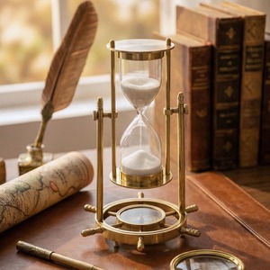 Reloj de arena de latón personalizado con brújula funcional, temporizador de arena recargable de cinco minutos, regalo vintage náutico para ceremonia de unión de bodas - Product Image 2