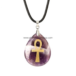 Améthyste Pierre Naturelle Gravée Ankh Croix Pendentif Collier Femme Croix Orthodoxe Reiki Cadeau Style Egyptien Bijoux Religieux - Product Image 2