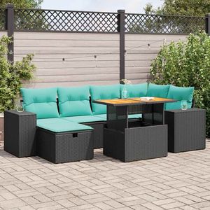 Ensemble de canapés de patio en polyrotin gris et acacia, 7 pièces, avec coussins, meubles d'extérieur durables - Product Image 1