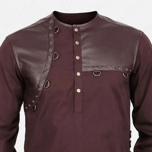 Factory Supplies <b>Men's</b> Gothic Shirt Vintage Cotton Blend Soft Fabric Faux Leather Patchwork Top Long Sleeve D-Ring Outfit - Product Image 4