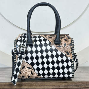 Fashionable Women Luxury Designer Hand-Tooled Leather Speedy Duffel <b>Bag</b> <b>Large</b> Capacity <b>Black</b> & White Checkered Medium Travel <b>Bag</b> - Product Image 4