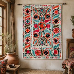 Couvre-lit en coton Suzani fait main de qualité supérieure, ivoire, multicolore, broderie florale paisley, style bohème, décoration ethnique indienne pour la maison - Product Image 5