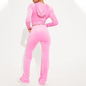 Wholesale Custom Made <b>Women's</b> Pink <b>Velour</b> Zipper Crop Top And Wide Leg Pants 2 Piece Set Casual Solid Color Sportswear <b>Tracksuit</b> - Product Image 2