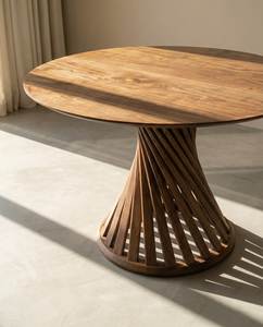 Table à manger ronde en bois avec base conique cannelée et plateau ovale, table sur pieds contemporaine pour la maison et les restaurants - Product Image 2
