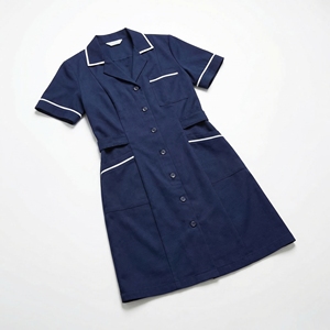 Navy Blue Short Sleeve <b>Nurse</b> Dress | Contrast Piping Medical Uniform | Professional Healthcare Workwear| Custom OEM Manufacturer - Product Image 1