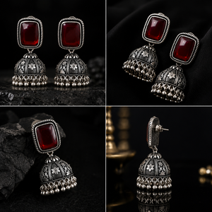 Wholesale Red Stone Oxidized <b>Silver</b> Jhumka <b>Earrings</b> Handmade Ethnic Indian Jhumki <b>Dangle</b> <b>Earrings</b> for Women - Product Image 4