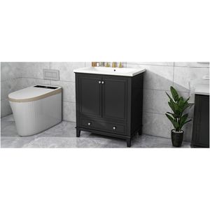 Mobile Bagno Multifunzionale da 30 Pollici con Struttura Solida in MDF, Lavabo Integrato, Mobile Nero con Ante e Cassetto - Product Image 4