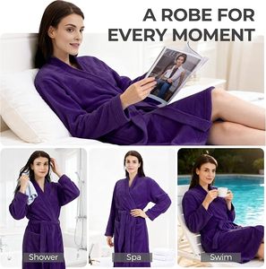 Bata de Baño de Felpa para Mujer, Manga Larga, Cuello en V, Larga, Color Morado Sólido, Algodón Suave, Informal, Transpirable, ODM, para Usar en Casa en Invierno - Product Image 4