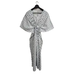 Katun India Baju Tidur Wanita Bermotif Bunga Musim Panas Gaun Maxi Panjang Kaftan Pakaian Tidur Buatan Tangan Etnis Kaftan