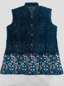 New Party Wear Silk <b>Kurta</b> Pyjama With Velvet Coti Sequence Zari Embroidery Work <b>Kurta</b> Pyjama Set - Product Image 4