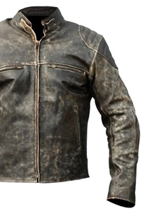 Blouson de moto en cuir véritable pour homme, col montant, fermeture éclair, noir délavé, style motard, pour l'automne - Product Image 3