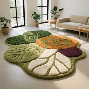 Tapis moderne en forme de feuille, design fantaisie tufté en peluche, vert, orange, violet, pour salon, décoration de sol, avec dos antidérapant en caoutchouc - Product Image 5