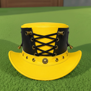 Premium quality custom made Handmade Yellow Leather Black Corset Top <b>Hat</b> Gothic Steampunk Style <b>Hats</b> - Product Image 1