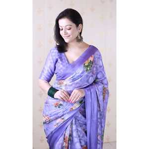 Sari de Georgette Violeta para Mujer con Blusa y Camisa Suave y Elegante con Estampado Floral y Tejido Zari - Product Image 4